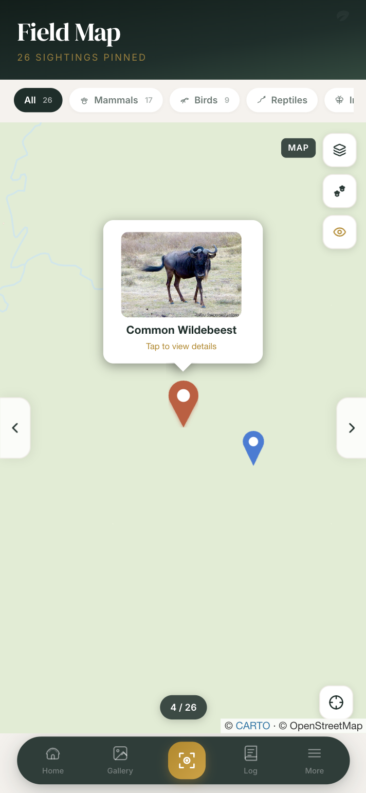 Field Map with sightings pinned